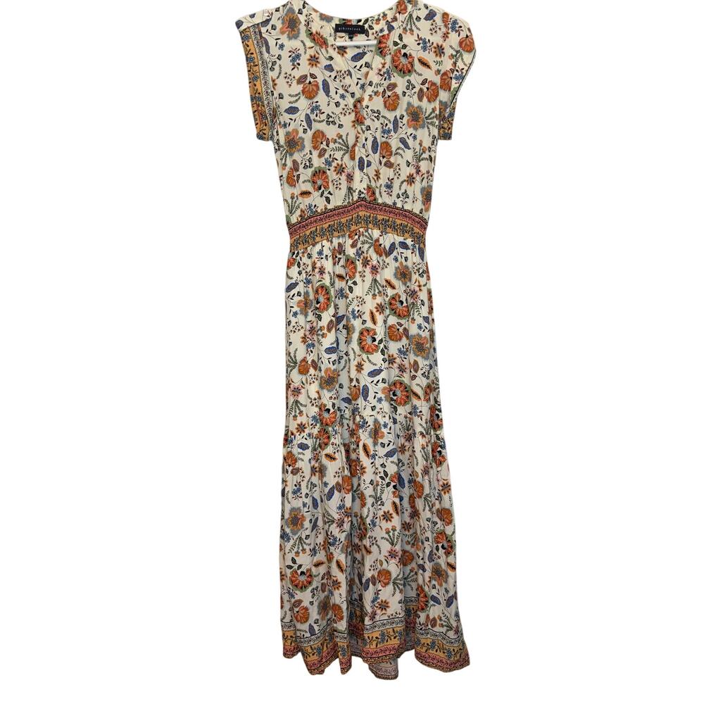 gibson look sleeveless maxi dress, ruched waist. cream floral. Size XXS sundress